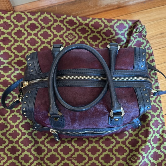 NWT orYANY Brenda Burgundy CalfHair Leather Studded Speedy Satchel Shoulder Bag - Picture 2 of 13